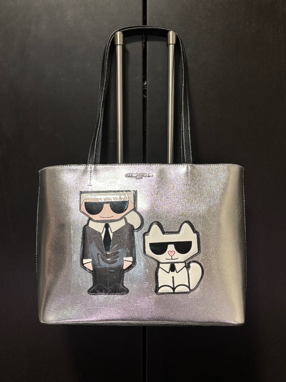 Karl Lagerfeld Shiny Silver Shoulder Zippered Closure Bag/Tote
